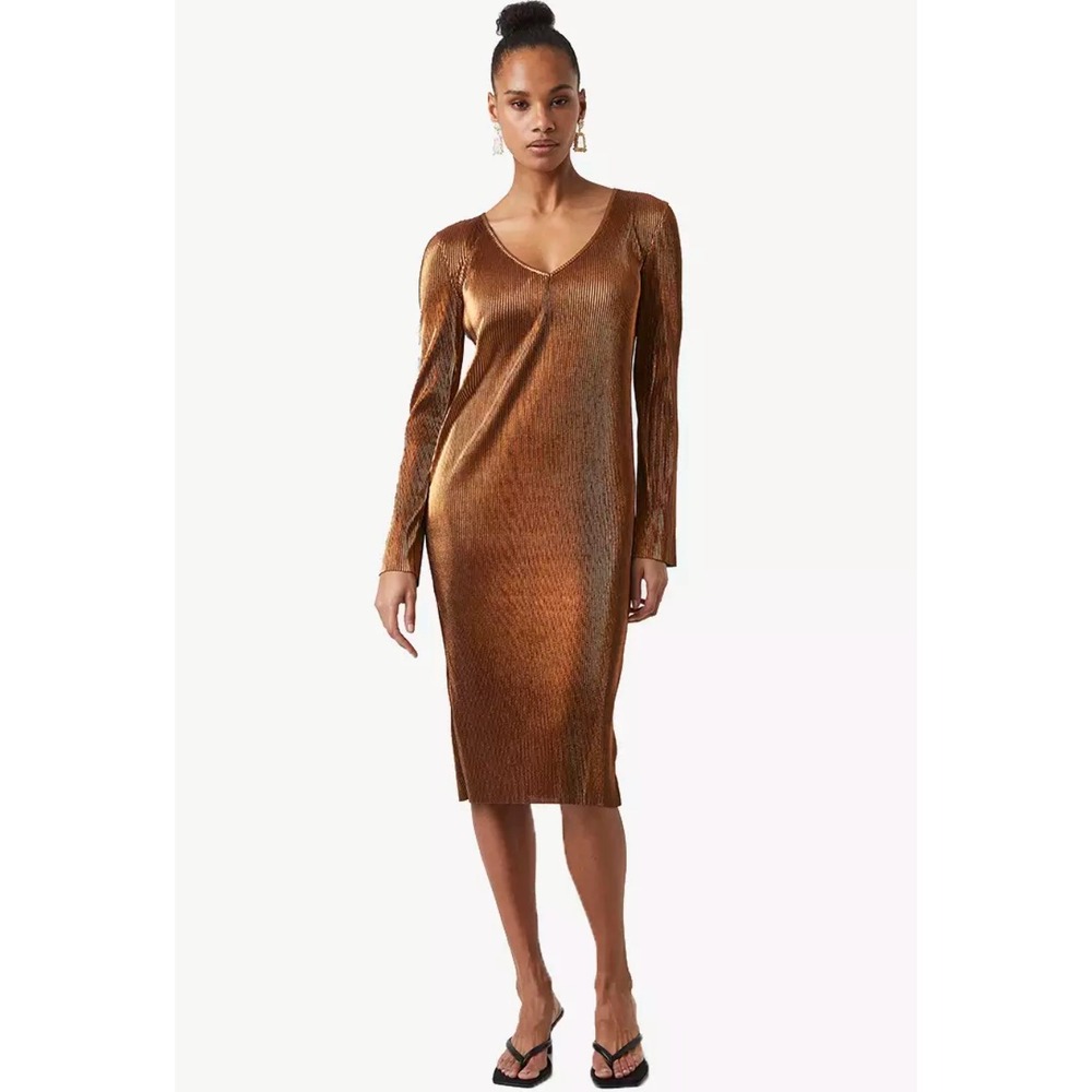 French Connection Taina Bronze Metallic Pleated Midi Dress L Long Sleeve V-Neck